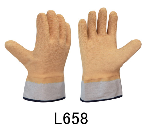 L658 安全口针织绒布乳胶波浪纹全浸手套
